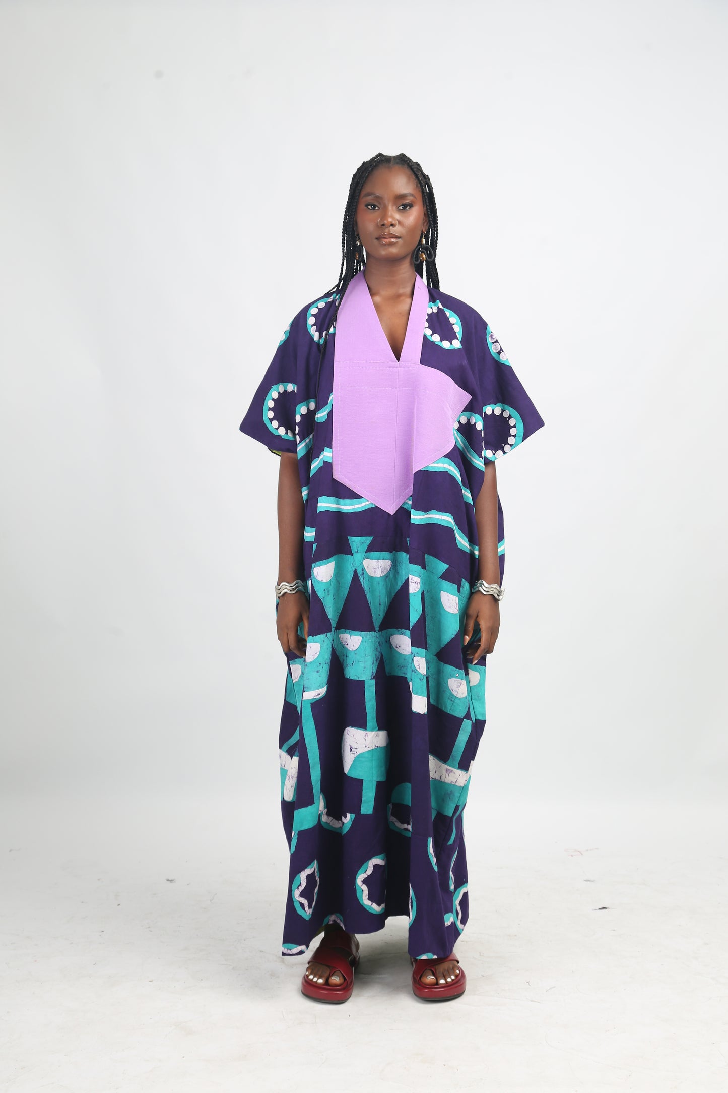 WHITE SEAGREEN AND PURPLE MULTIPRINT MIDI AGBADA WITH LILAC ASOOKE