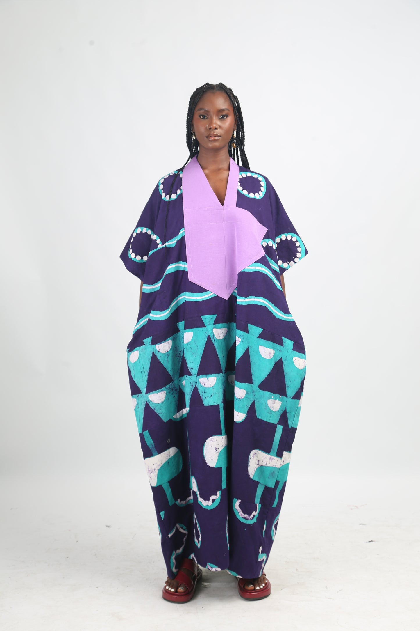 WHITE SEAGREEN AND PURPLE MULTIPRINT MIDI AGBADA WITH LILAC ASOOKE