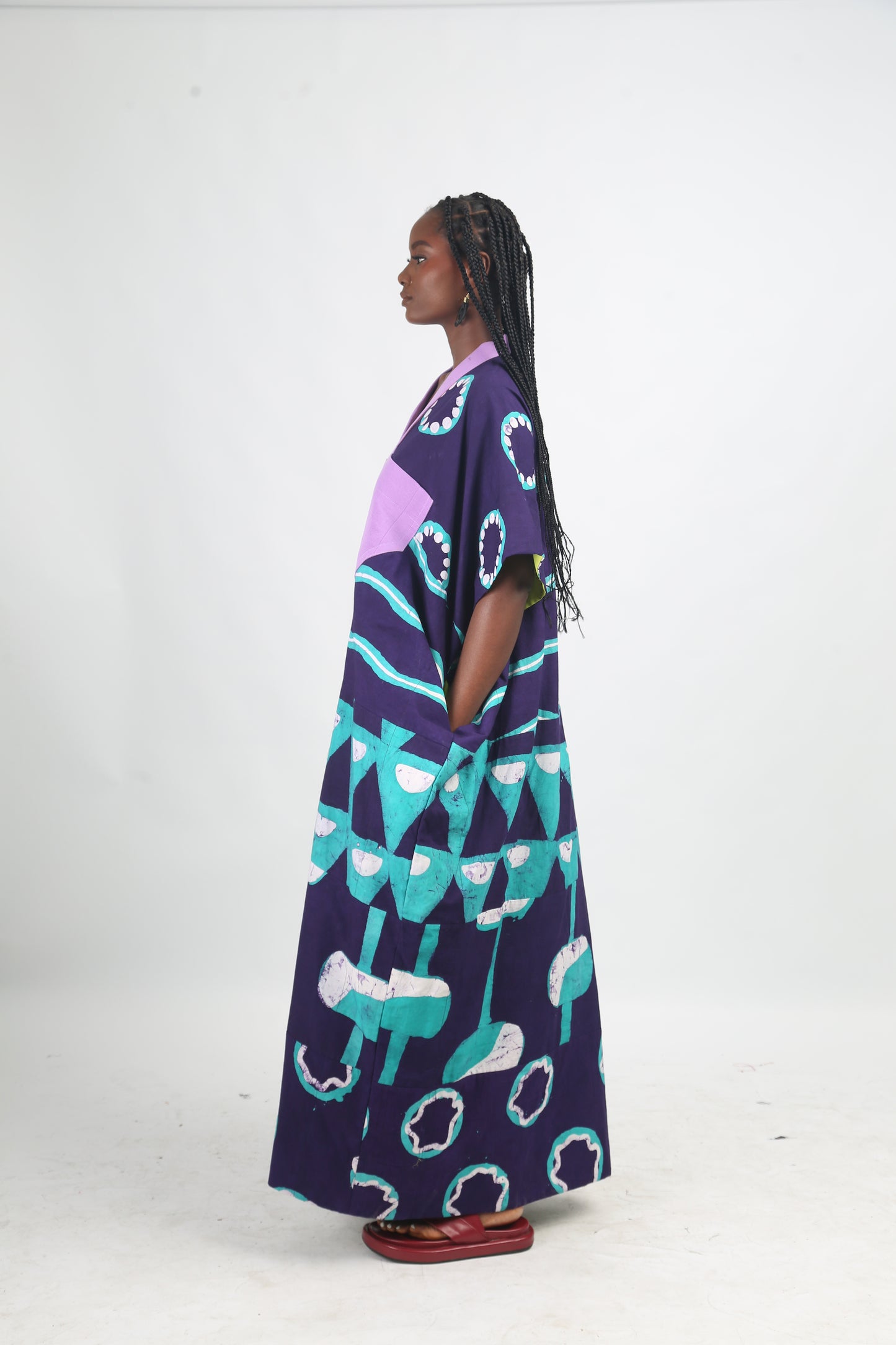 WHITE SEAGREEN AND PURPLE MULTIPRINT MIDI AGBADA WITH LILAC ASOOKE
