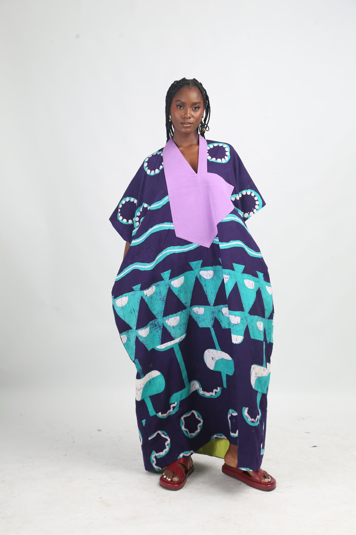 WHITE SEAGREEN AND PURPLE MULTIPRINT MIDI AGBADA WITH LILAC ASOOKE