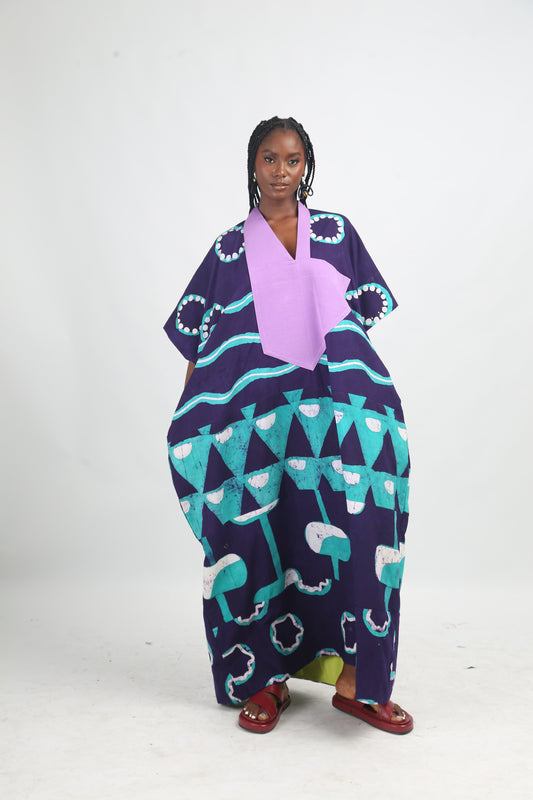 WHITE SEAGREEN AND PURPLE MULTIPRINT MIDI AGBADA WITH LILAC ASOOKE