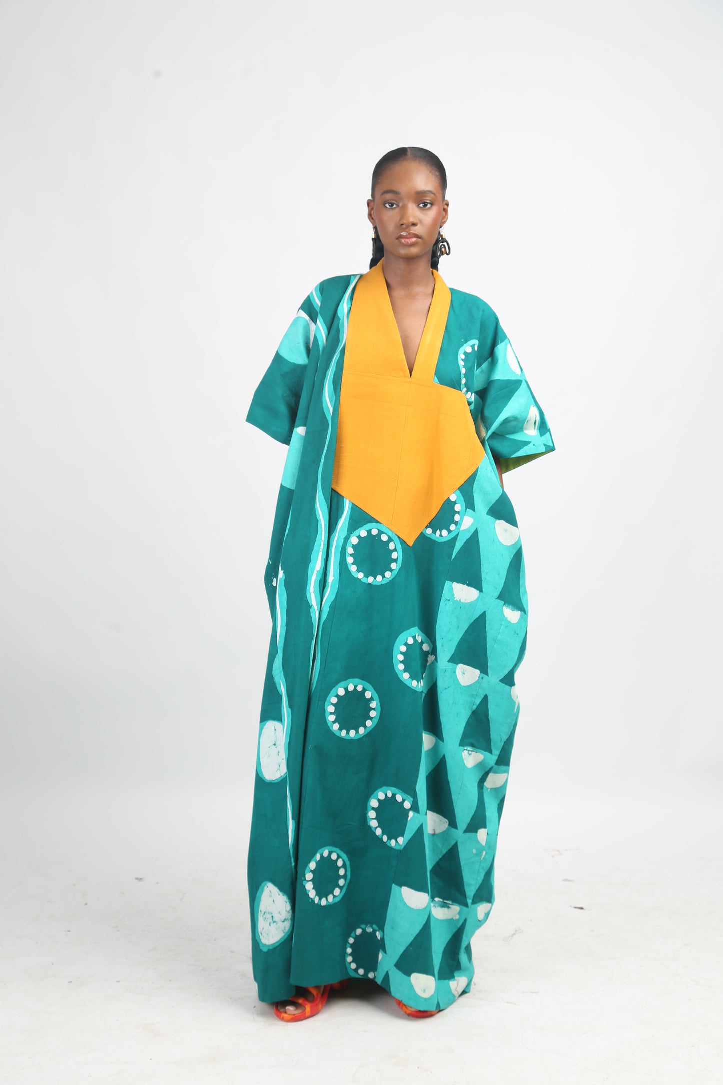 SEAGREEN AND GREEN MULTIPRINT AGBADA WITH MUSTARD ASOOKE