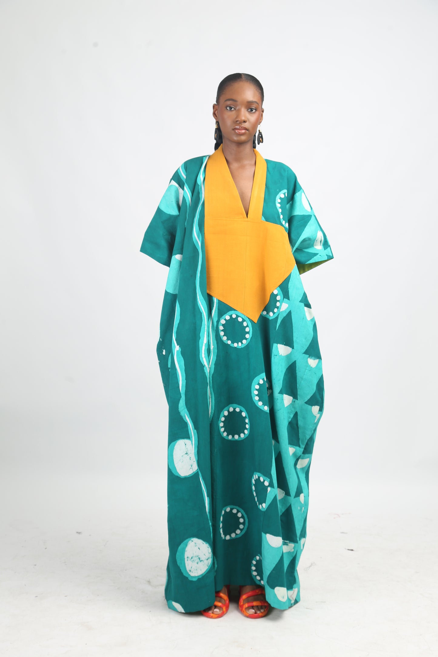 SEAGREEN AND GREEN MULTIPRINT AGBADA WITH MUSTARD ASOOKE