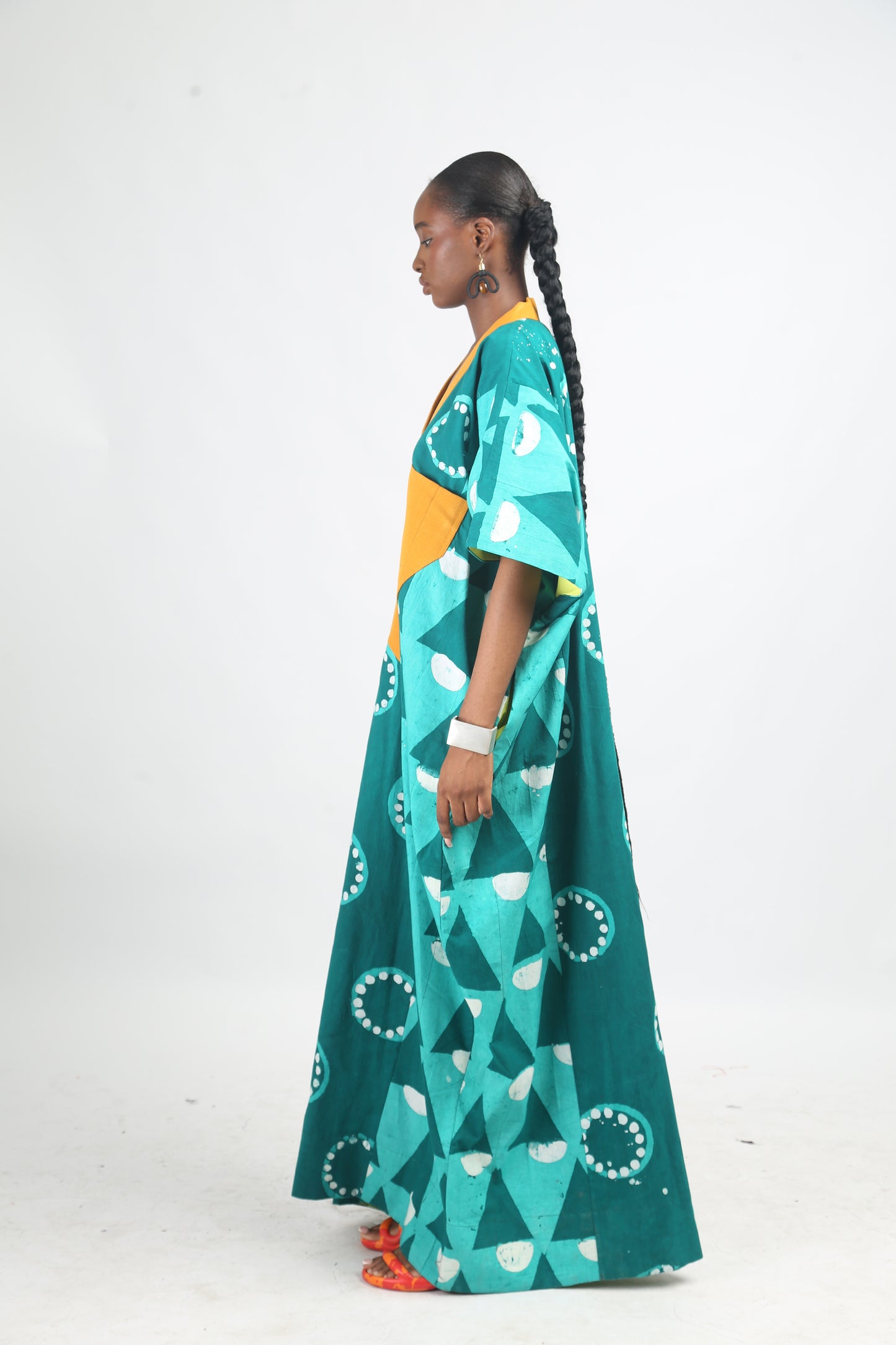 SEAGREEN AND GREEN MULTIPRINT AGBADA WITH MUSTARD ASOOKE