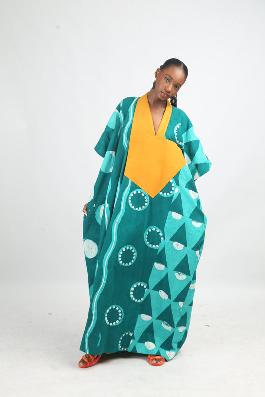 SEAGREEN AND GREEN MULTIPRINT AGBADA WITH MUSTARD ASOOKE