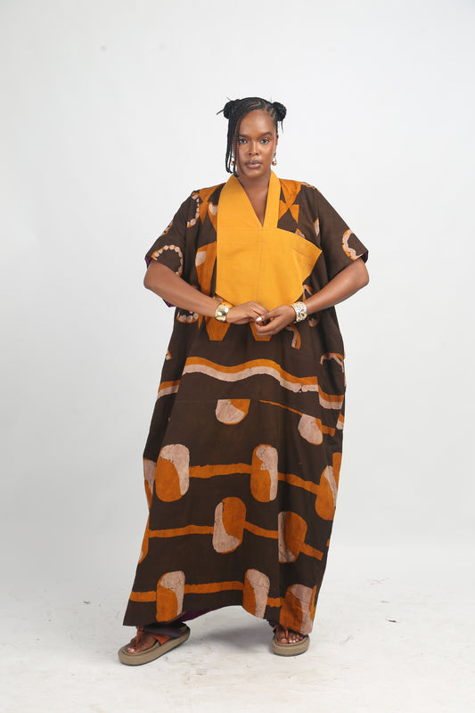 ONI BROWN, GOLDEN YELLOW AND BROWN MULTIPRINT AGBADA WITH MUSTARD ASOOKE