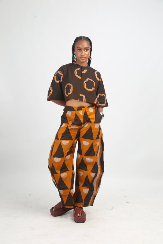 ONI BROWN, GOLDEN YELLOW AND BROWN BARREL PANTS