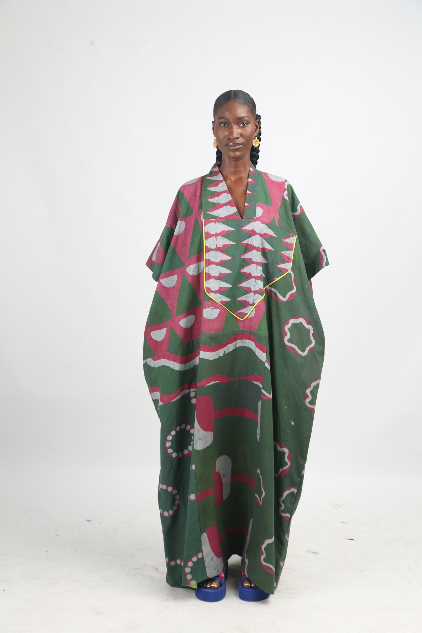 GREY, PINK AND OLIVE MULTIPRINT AGBADA WITH YELLOW OUTLINE