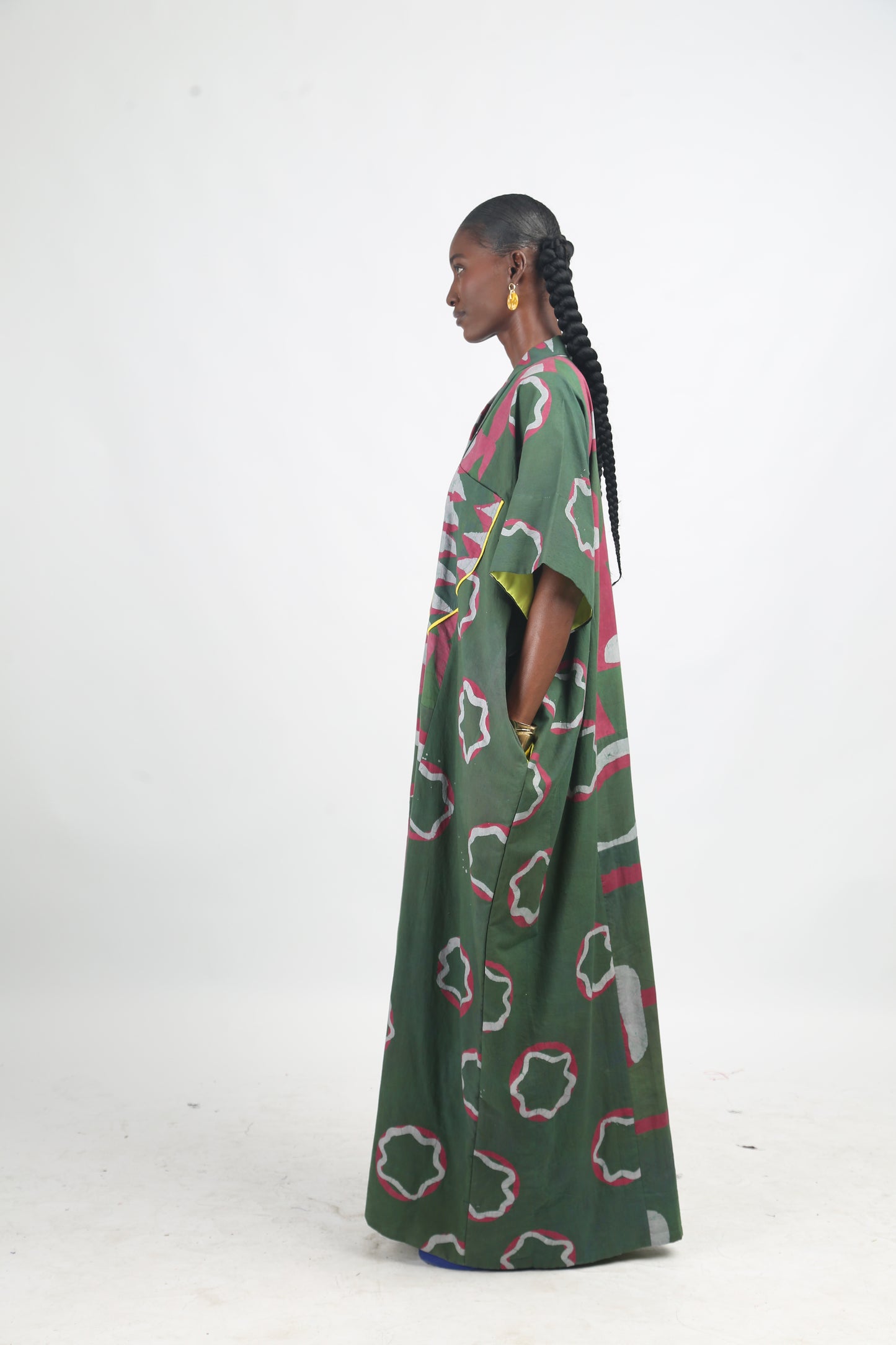 GREY, PINK AND OLIVE MULTIPRINT AGBADA WITH YELLOW OUTLINE