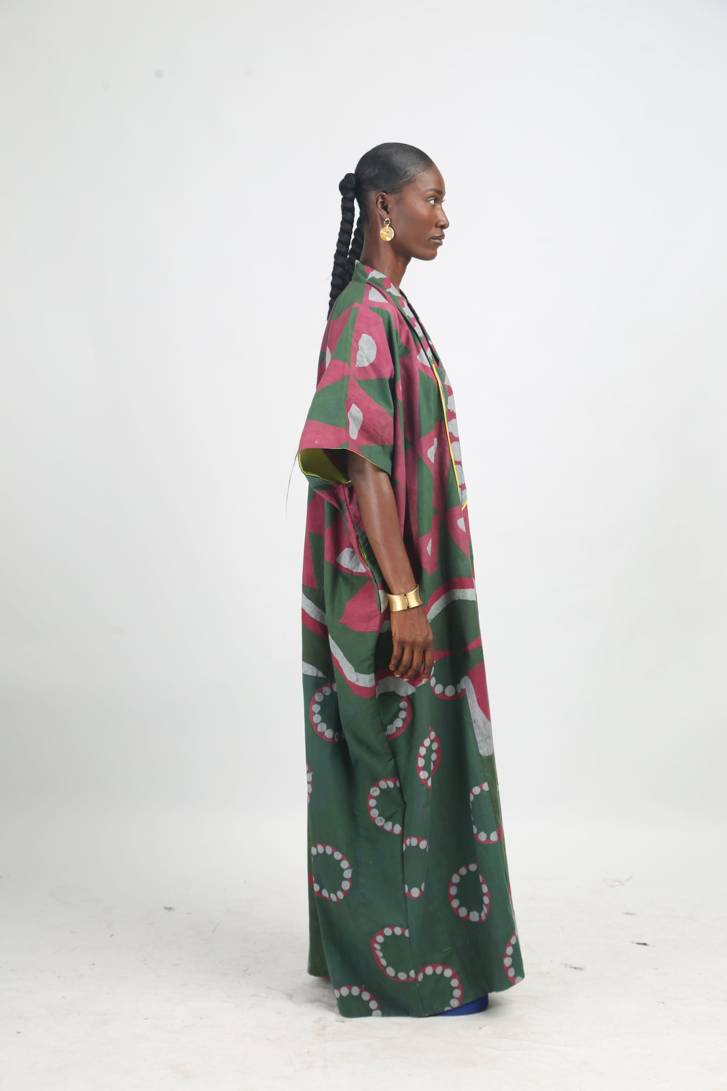 GREY, PINK AND OLIVE MULTIPRINT AGBADA WITH YELLOW OUTLINE