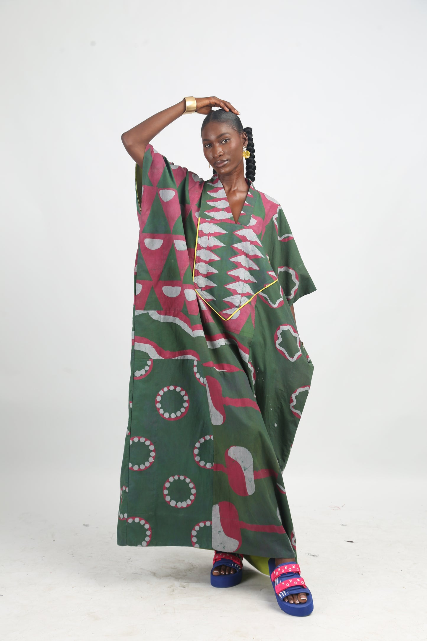 GREY, PINK AND OLIVE MULTIPRINT AGBADA WITH YELLOW OUTLINE