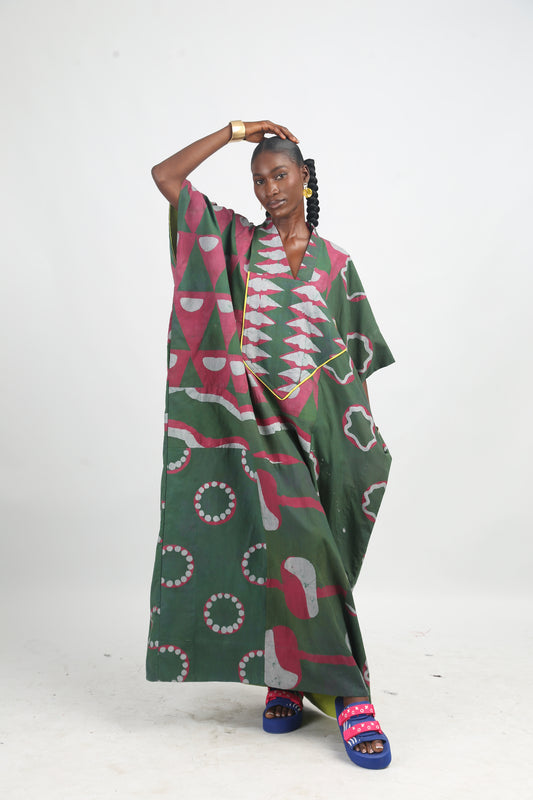 GREY, PINK AND OLIVE MULTIPRINT AGBADA WITH YELLOW OUTLINE
