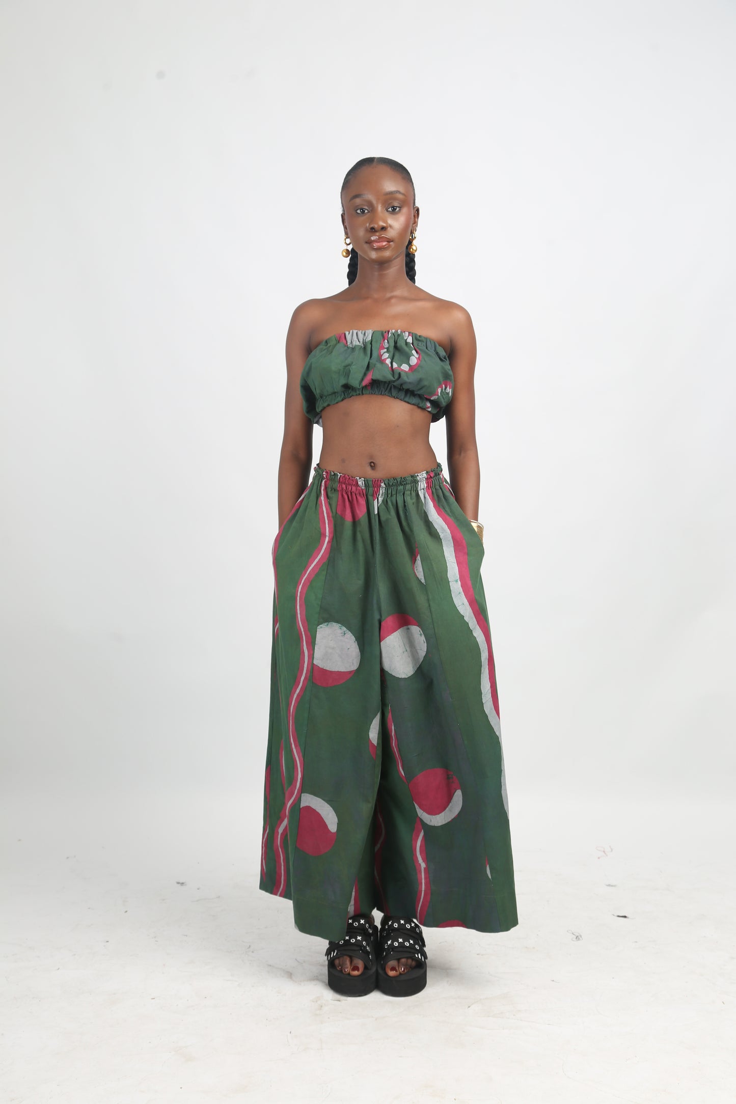 GREY, PINK AND OLIVE MULTIPRINT BANDEAU TOP