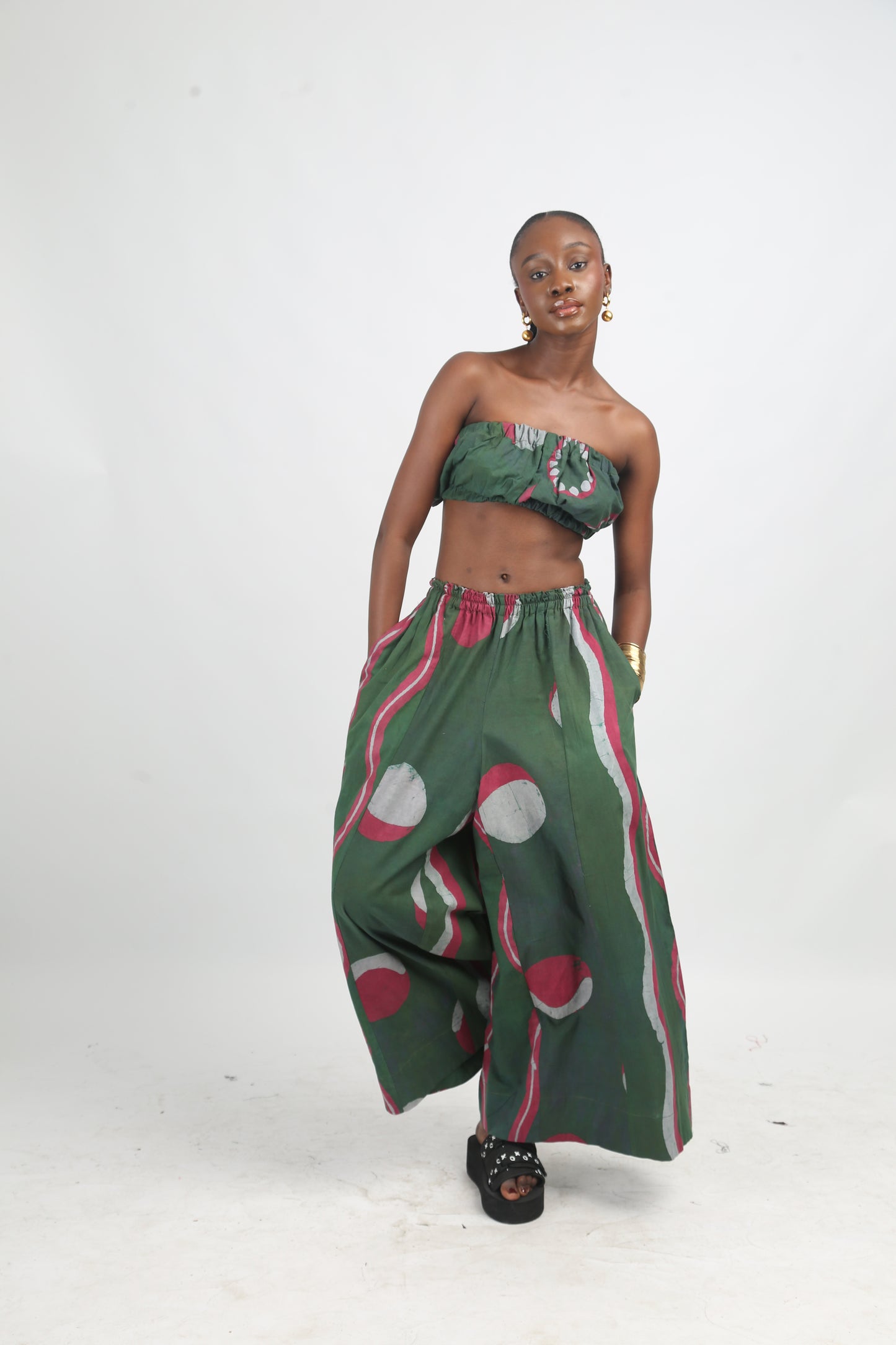 GREY, PINK AND OLIVE MULTIPRINT BANDEAU TOP