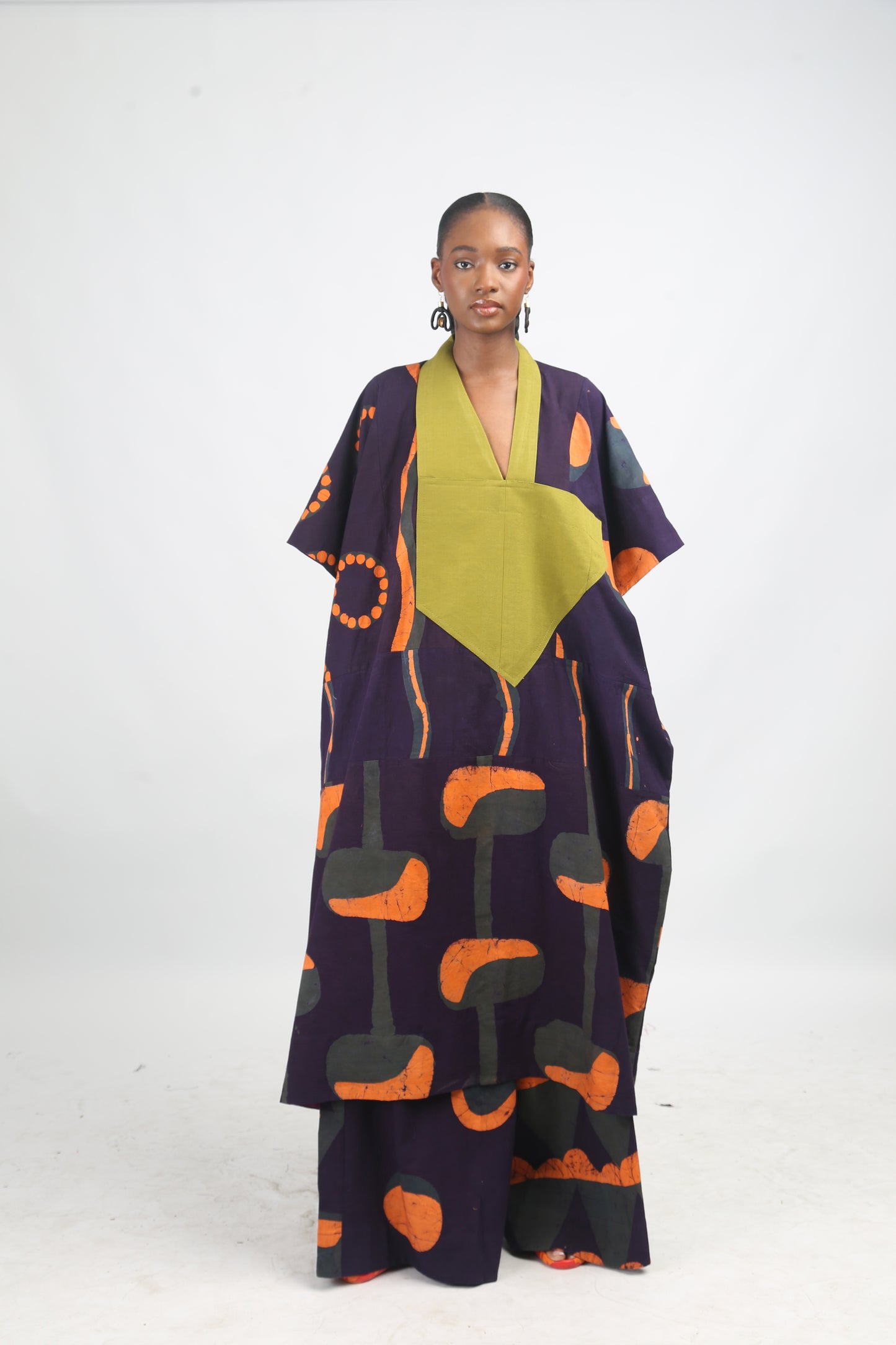 PEACH, TEAL AND PURPLE MULTIPRINT AGBADA WITH OLIVE ASOOKE