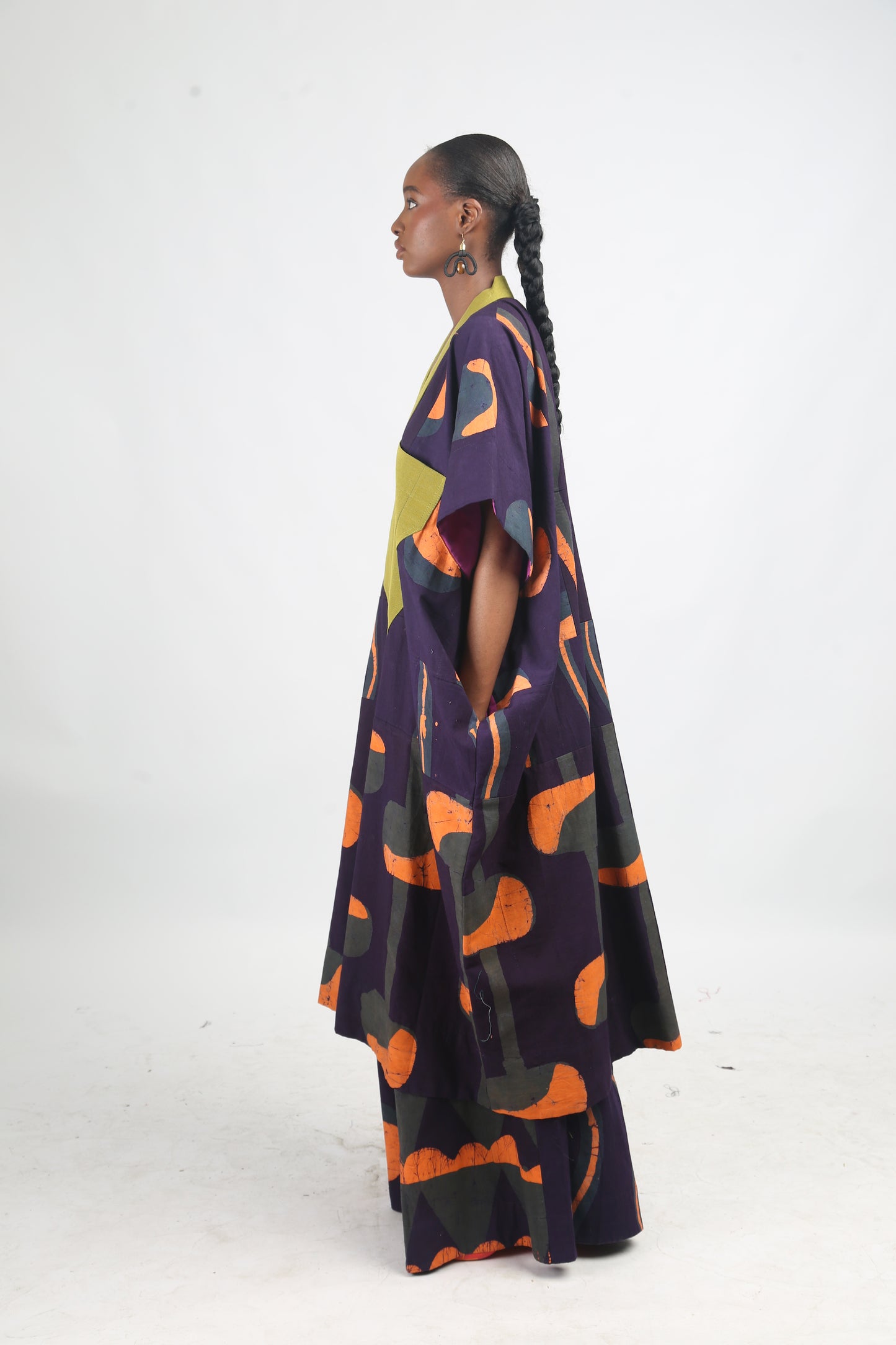PEACH, TEAL AND PURPLE MULTIPRINT AGBADA WITH OLIVE ASOOKE