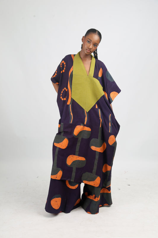 PEACH, TEAL AND PURPLE MULTIPRINT AGBADA WITH OLIVE ASOOKE