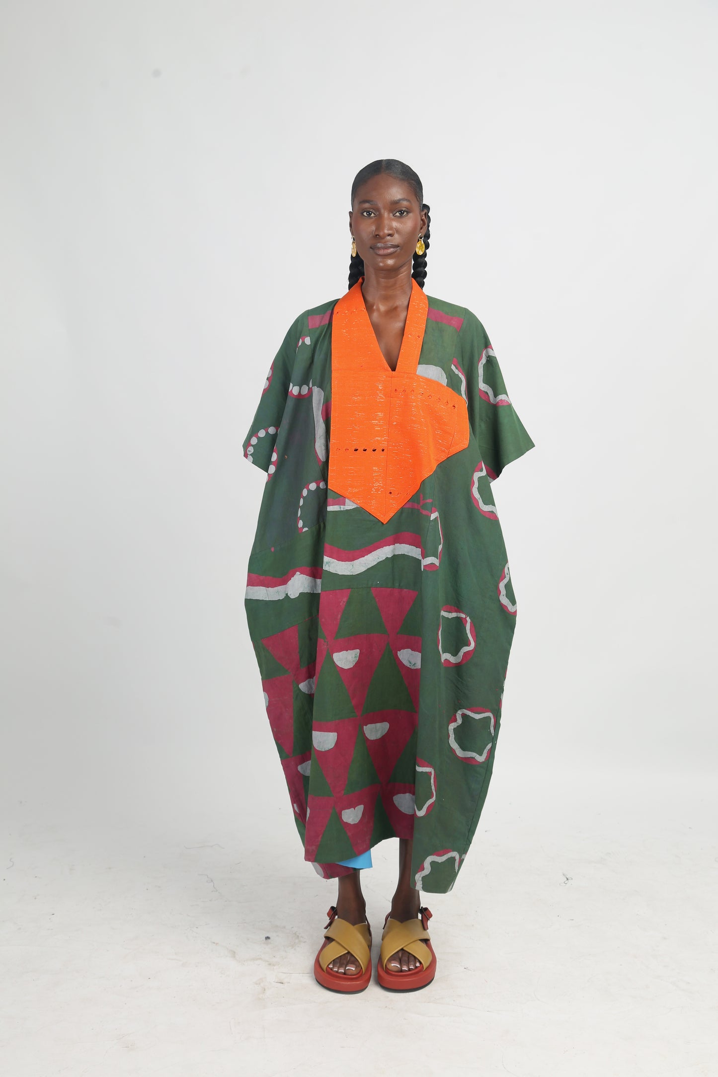 GREY, PINK AND OLIVE MULTIPRINT MIDI AGBADA WITH ORANGE ASOOKE WITH TINY HOLES