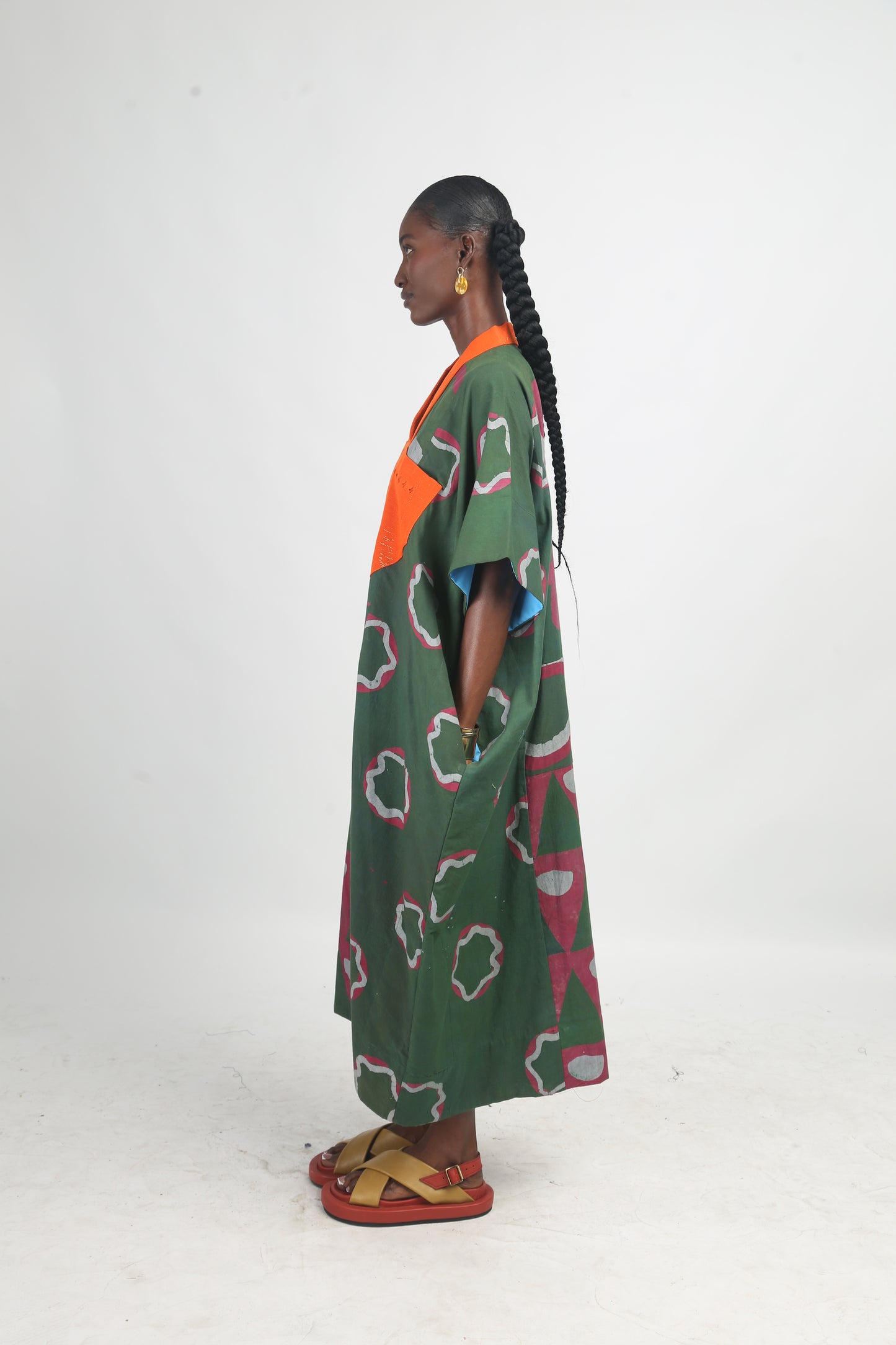 GREY, PINK AND OLIVE MULTIPRINT MIDI AGBADA WITH ORANGE ASOOKE WITH TINY HOLES