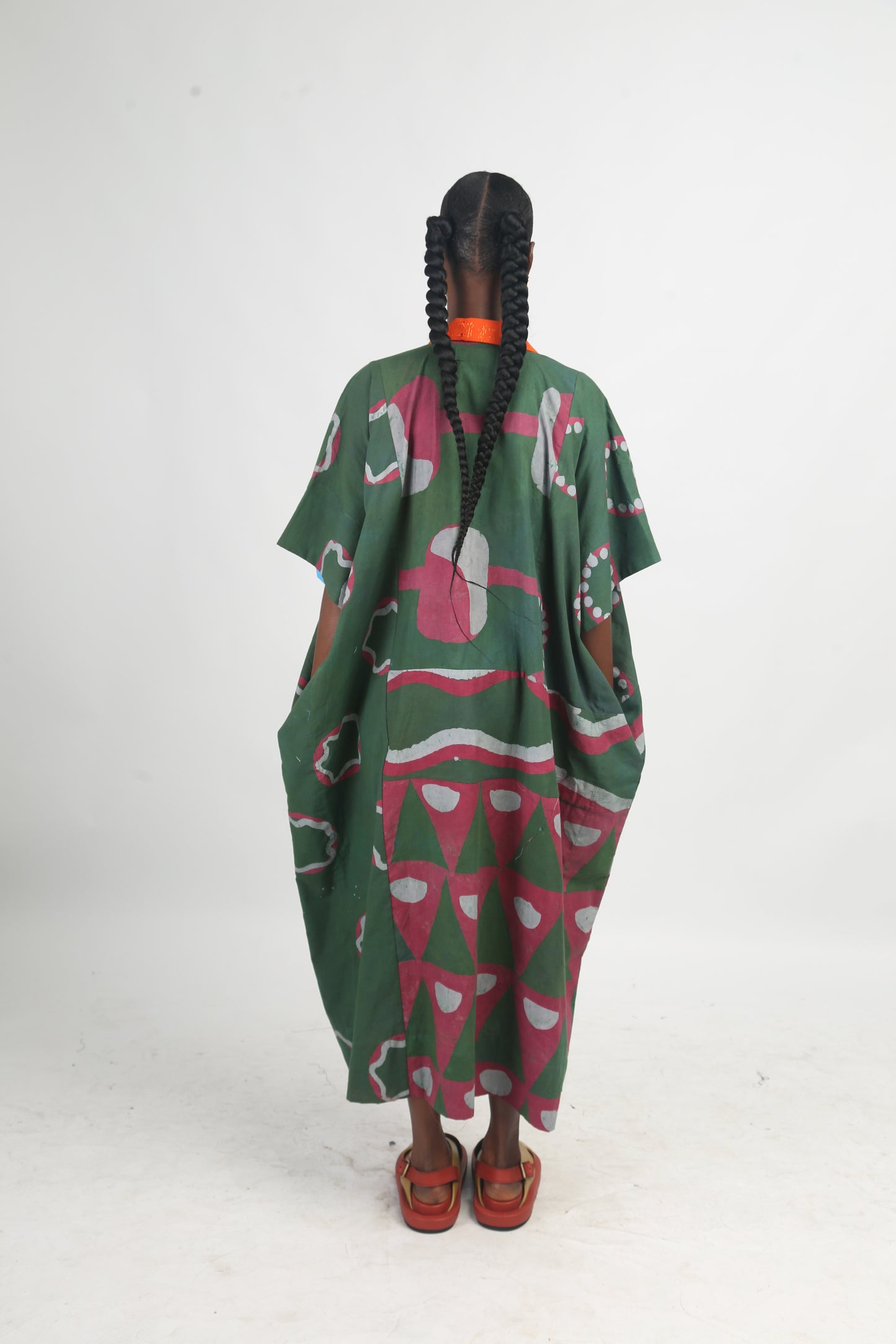 GREY, PINK AND OLIVE MULTIPRINT MIDI AGBADA WITH ORANGE ASOOKE WITH TINY HOLES
