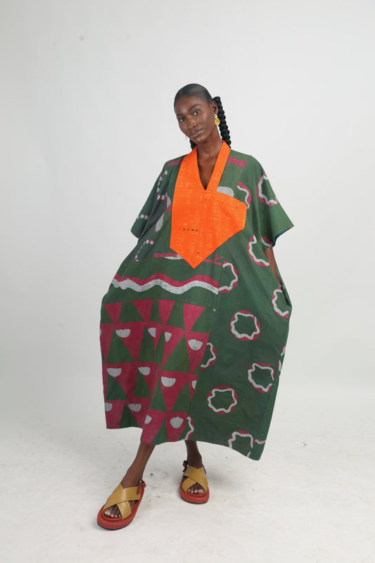 GREY, PINK AND OLIVE MULTIPRINT MIDI AGBADA WITH ORANGE ASOOKE WITH TINY HOLES