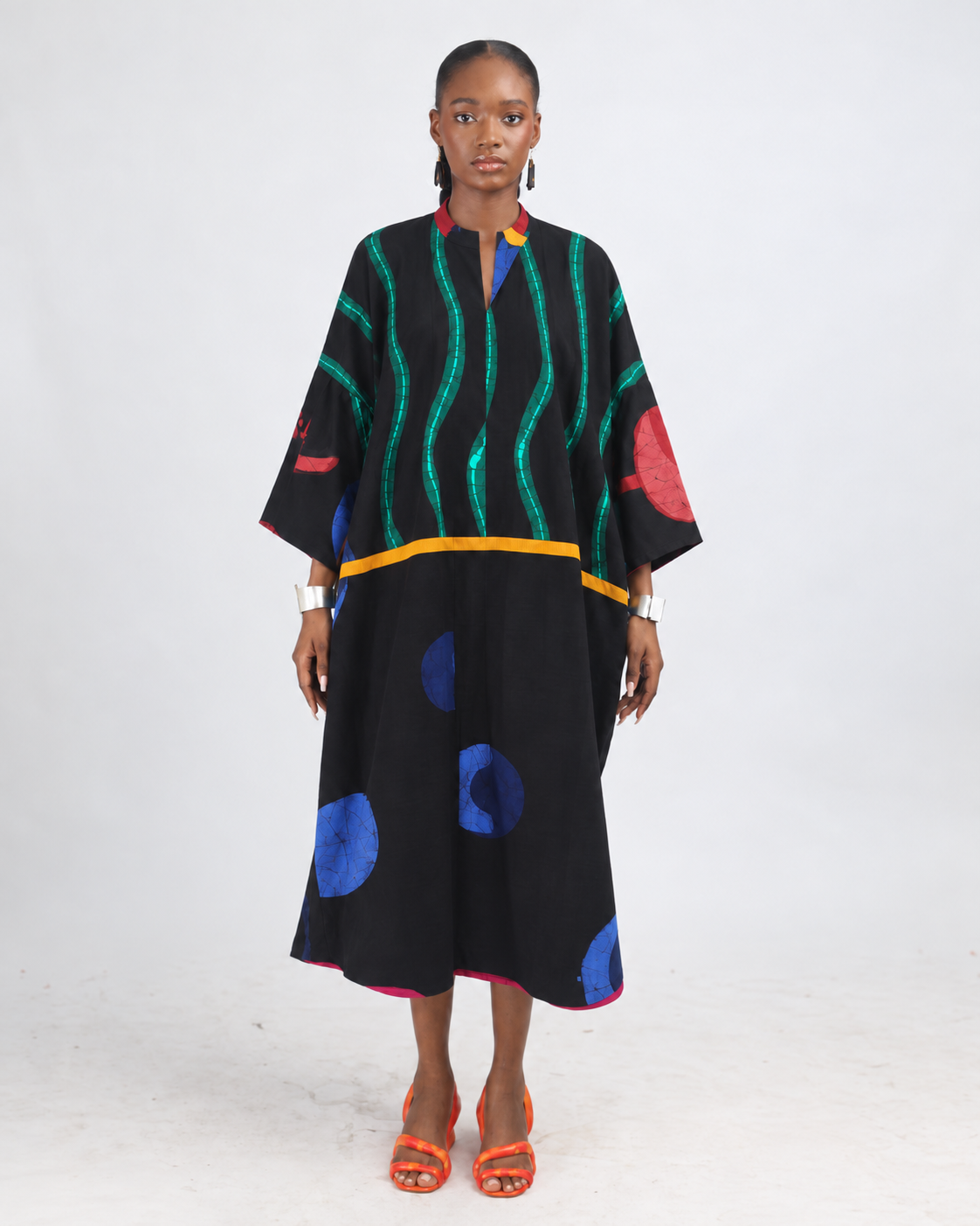 GREEN AND BLUE MULTICOLOURED KAFTAN WITH MUSTARD OUTLINE