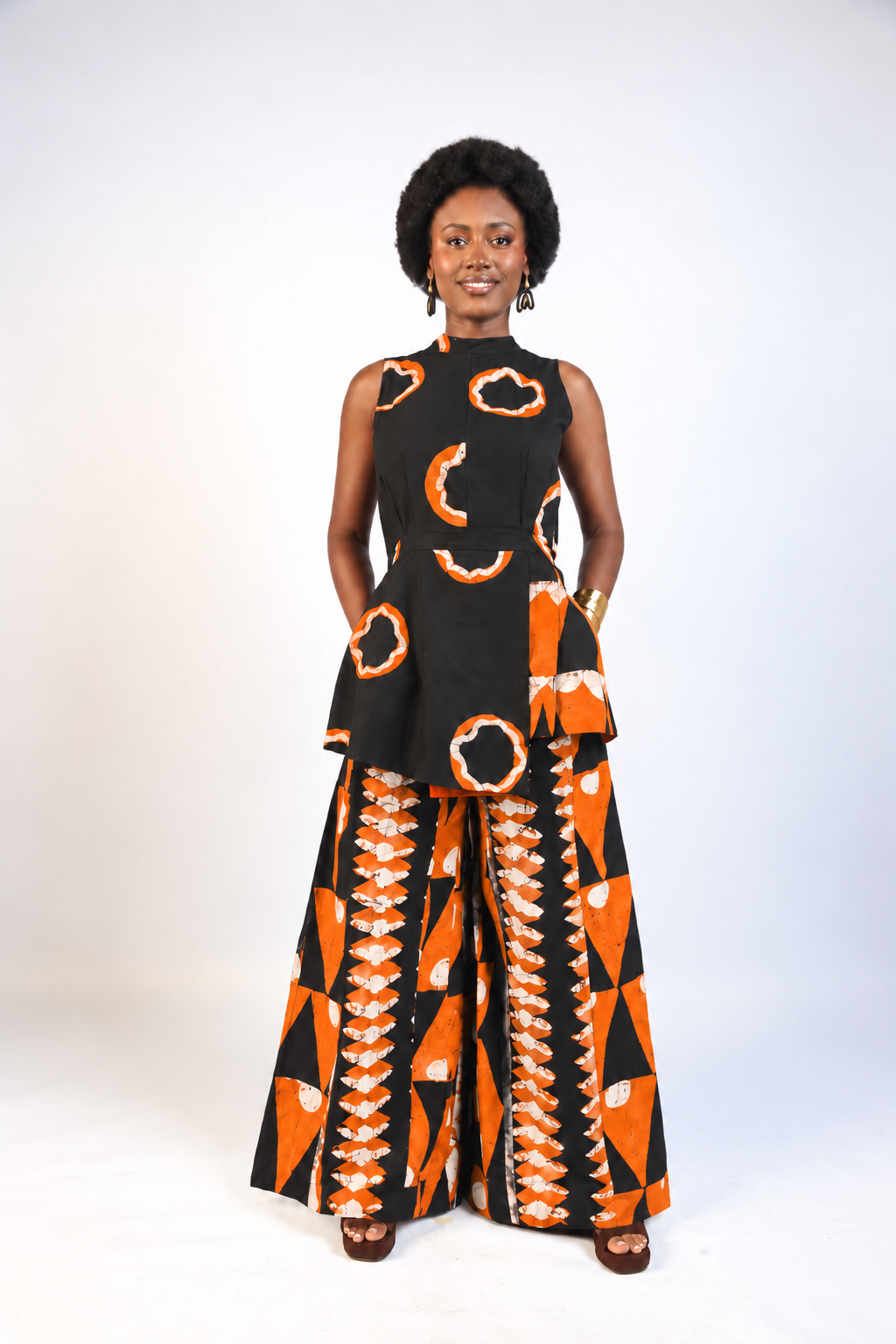 WHITE, TANGERINE AND BLACK MULTIPRINT STRIP PANTS