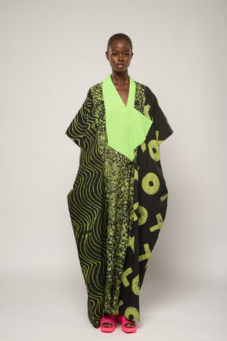 LEMON AND BLACK MULTIPRINT AGBADA WITH ASO OKE NECK