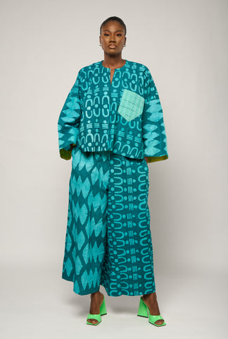 TEAL AND PURPLE MIDI AGBADA WITH MUSTARD ASO OKE