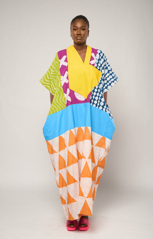 YELLOW AND BLACK MULTI PRINT MIDI AGBADA