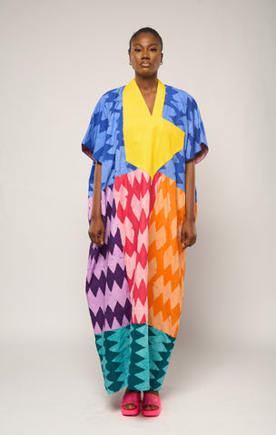 YELLOW AND BLACK MULTI PRINT MIDI AGBADA