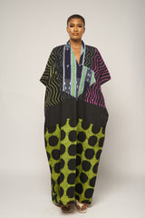 DARK MULTI COLOR AGBADA WITH LEMON AND BLACK BOTTOM AND BAULE KITA NECK