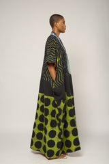 DARK MULTI COLOR AGBADA WITH LEMON AND BLACK BOTTOM AND BAULE KITA NECK