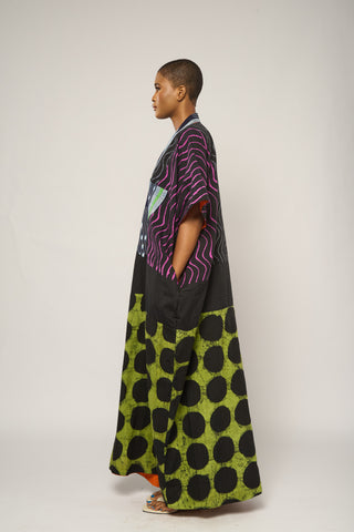 DARK MULTI COLOR AGBADA WITH LEMON AND BLACK BOTTOM AND BAULE KITA NECK