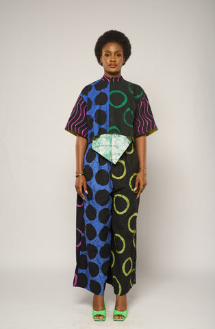 BRIGHT MULTICOLOURED MIDI AGBADA WITH BLUE AND WHITE BOTTOM