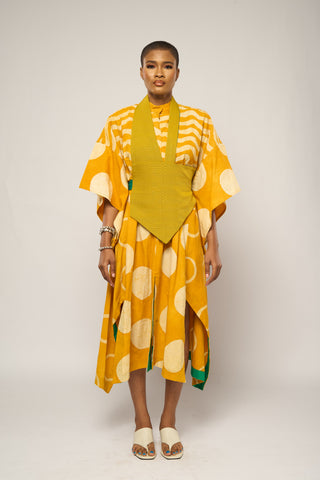 TEAL AND PURPLE MIDI AGBADA WITH MUSTARD ASO OKE