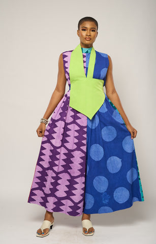 BLUE AND WHITE MULTIPRINT AGBADA WITH PEACH ASOOKE