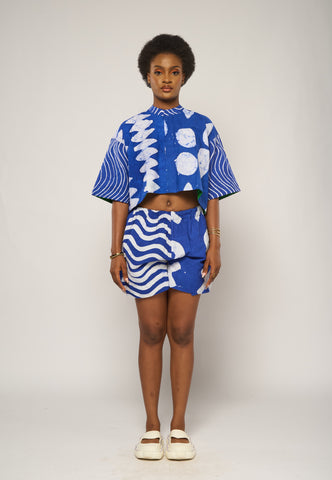 BLUE AND WHITE MULTIPRINT AGBADA WITH PEACH ASOOKE