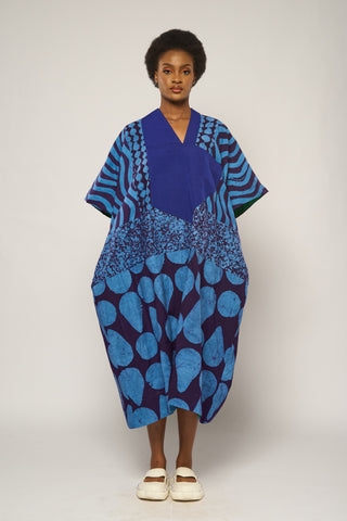 TEAL AND DARK BLUE  MIDI AGBADA WITH ASO OKE NECK