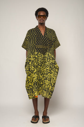 YELLOW AND BLACK MULTI PRINT MIDI AGBADA