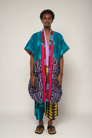 BRIGHT MULTICOLOURED MIDI AGBADA WITH BLUE AND WHITE BOTTOM