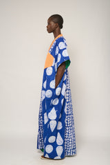 BLUE AND WHITE MULTIPRINT AGBADA WITH PEACH ASOOKE