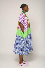 BRIGHT MULTICOLOURED MIDI AGBADA WITH BLUE AND WHITE BOTTOM