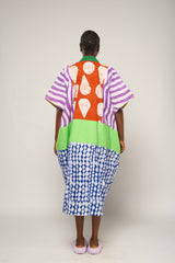 BRIGHT MULTICOLOURED MIDI AGBADA WITH BLUE AND WHITE BOTTOM