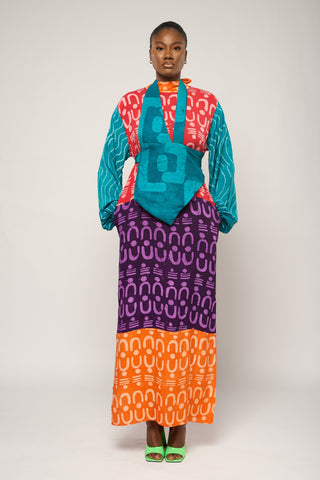 LEMON AND BLACK MULTIPRINT AGBADA WITH ASO OKE NECK