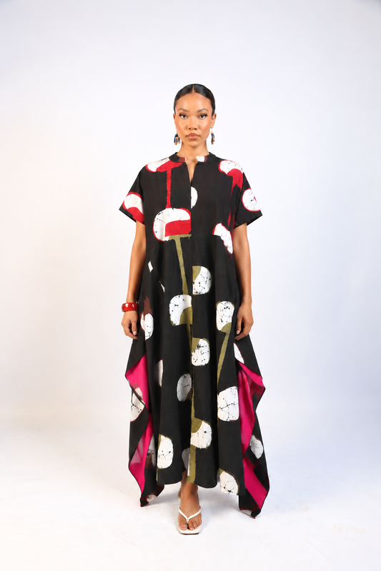 RED, BROWN AND BLACK MULTICOLOURED SHIRT DRESS