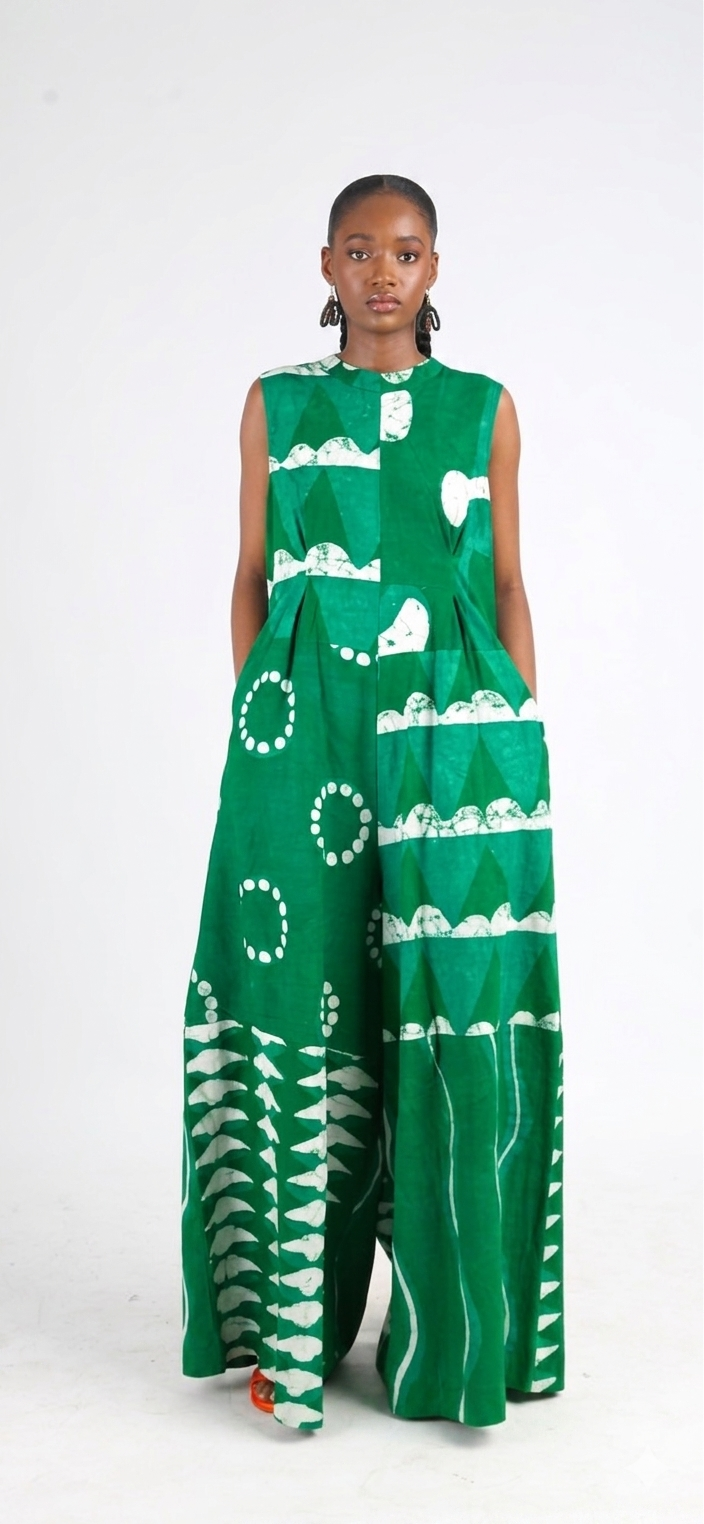 WHITE AND GREEN MULTIPRINT JUMPSUIT
