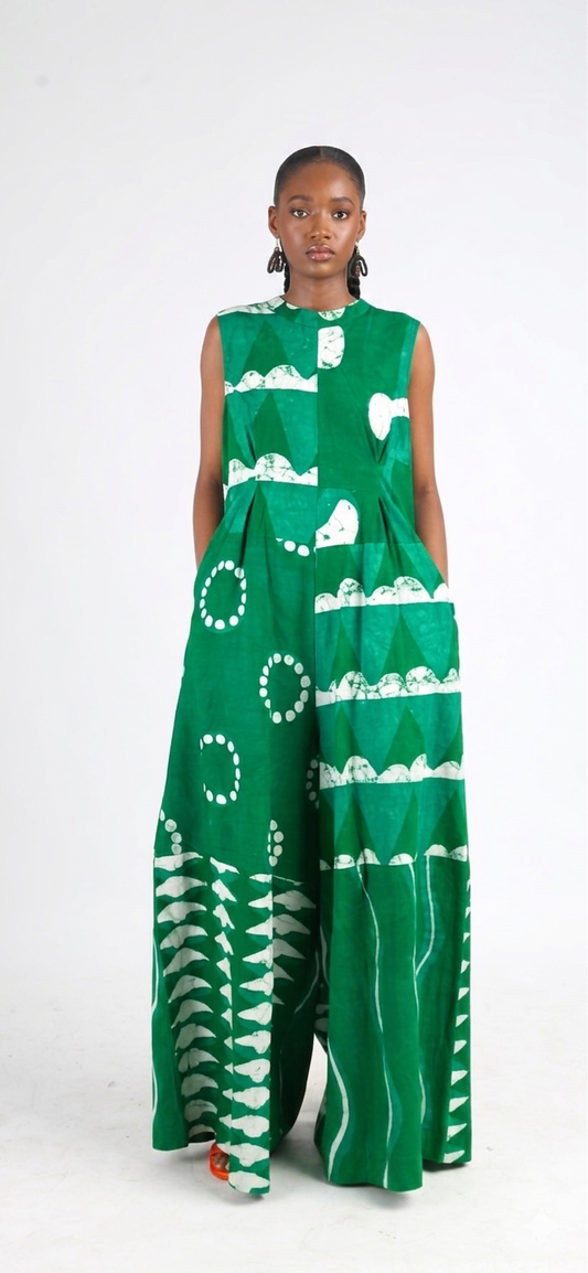 WHITE AND GREEN MULTIPRINT JUMPSUIT