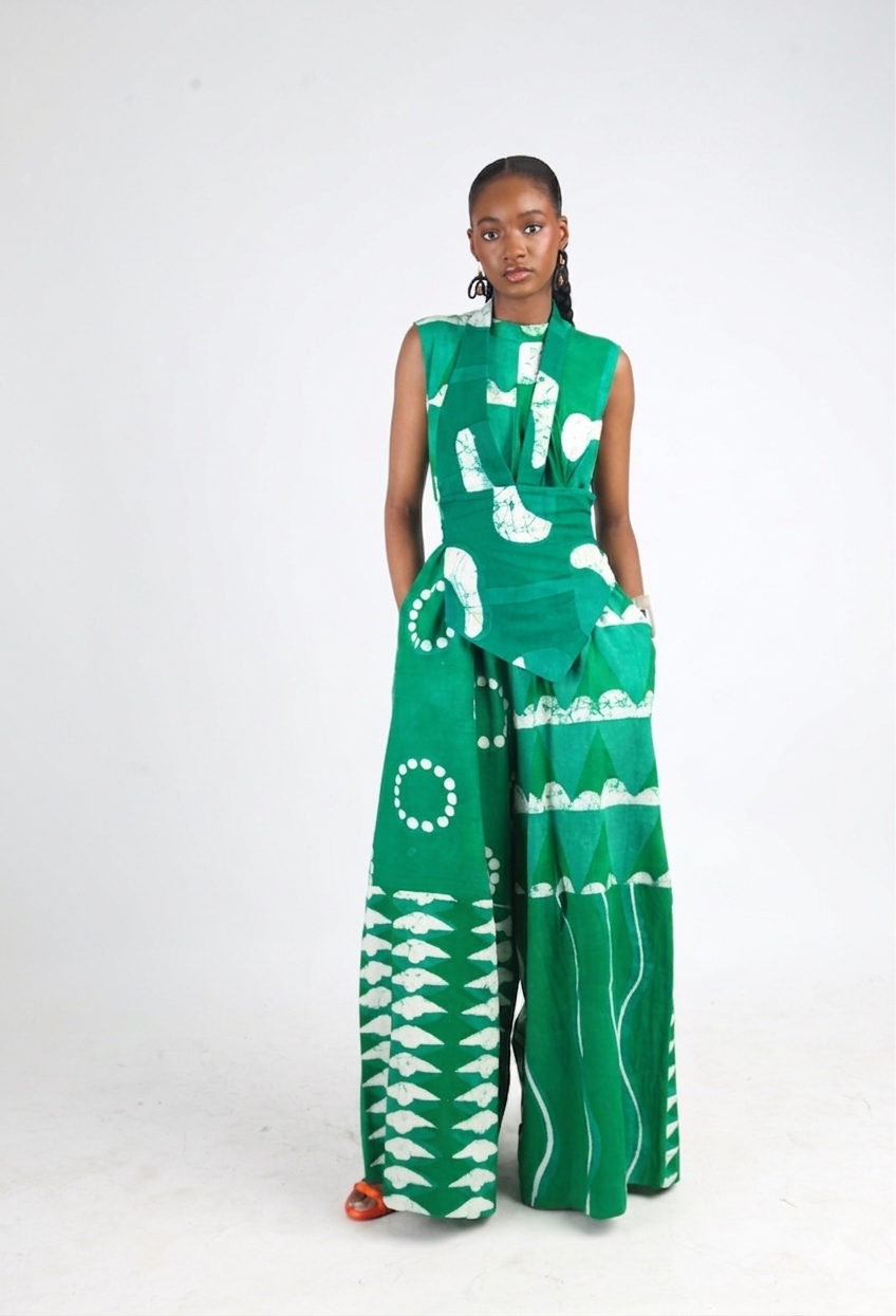 WHITE AND GREEN MULTIPRINT JUMPSUIT