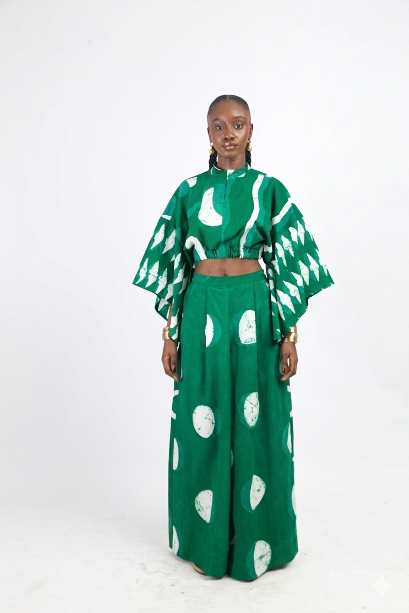 WHITE AND GREEN MULTIPRINT WIDE LEG PANTS